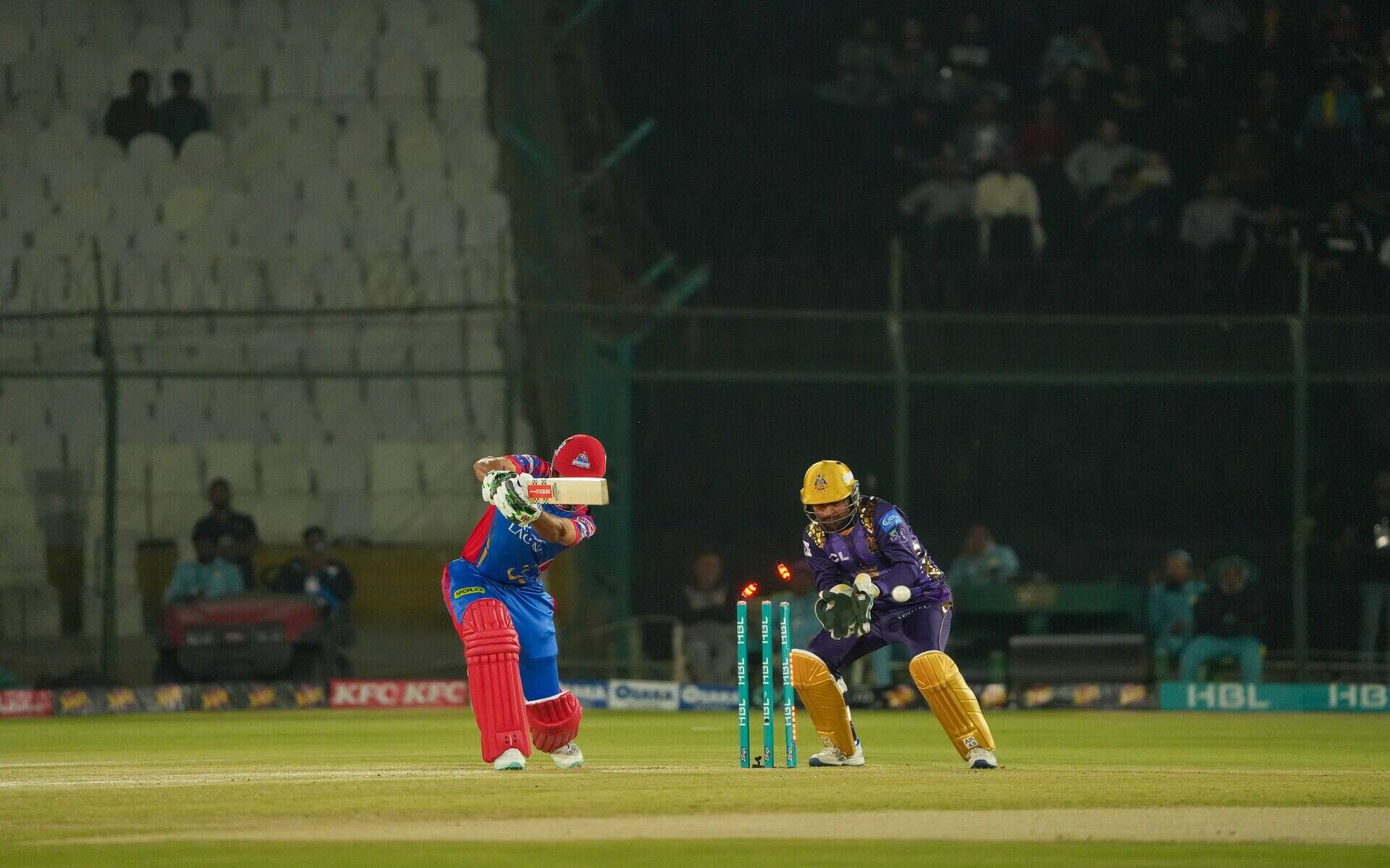 Shan Masood gets his stumps knocked over by Akeal Hosein (Source: X.com)