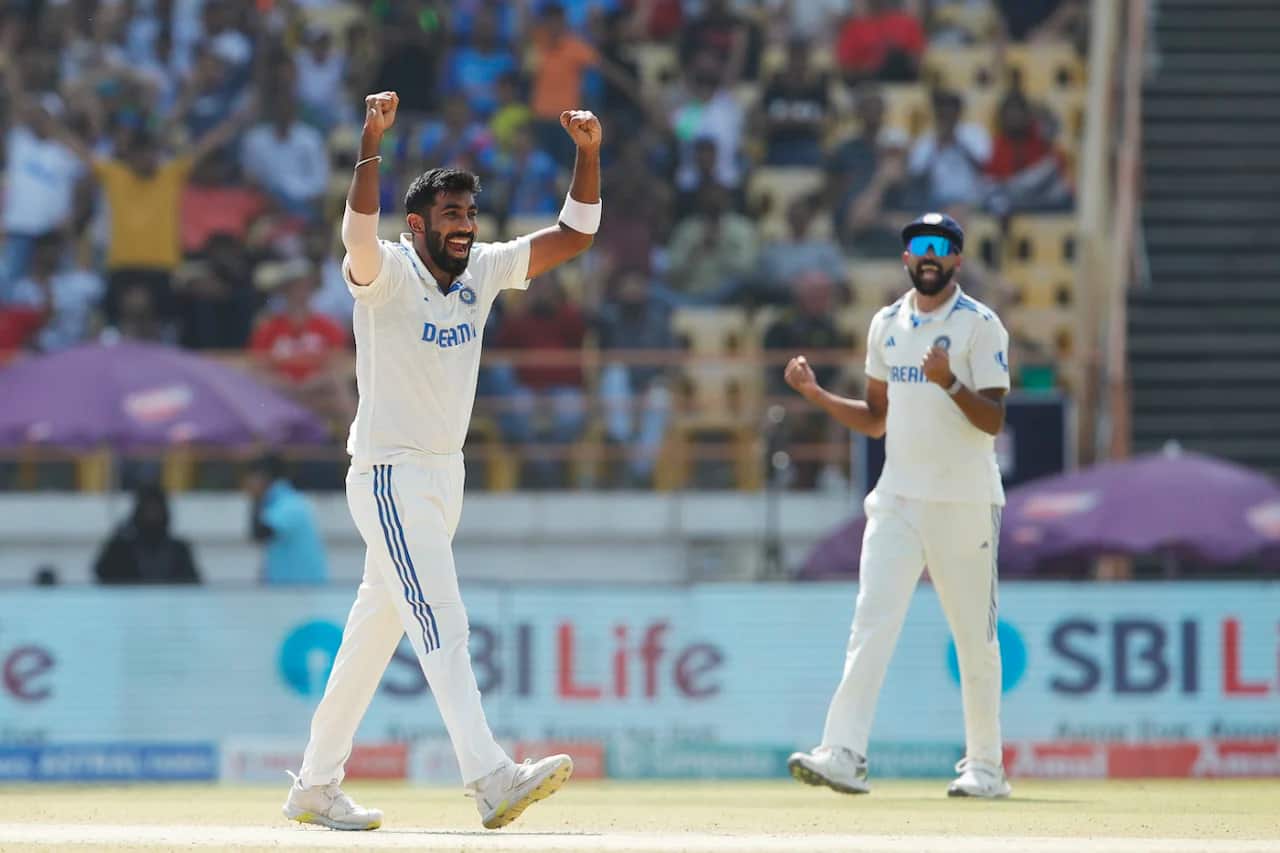 Jasprit Bumrah celebrating a wicket against England at Rajkot (BCCI)