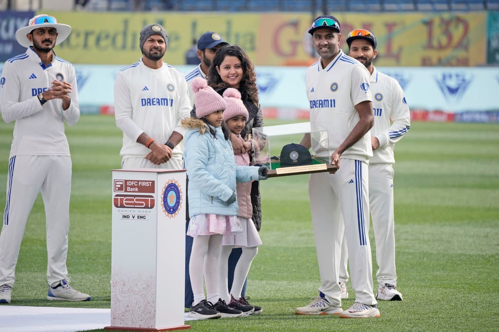 Ashwin celebrates 100th Test achievement with family (AP Photo)