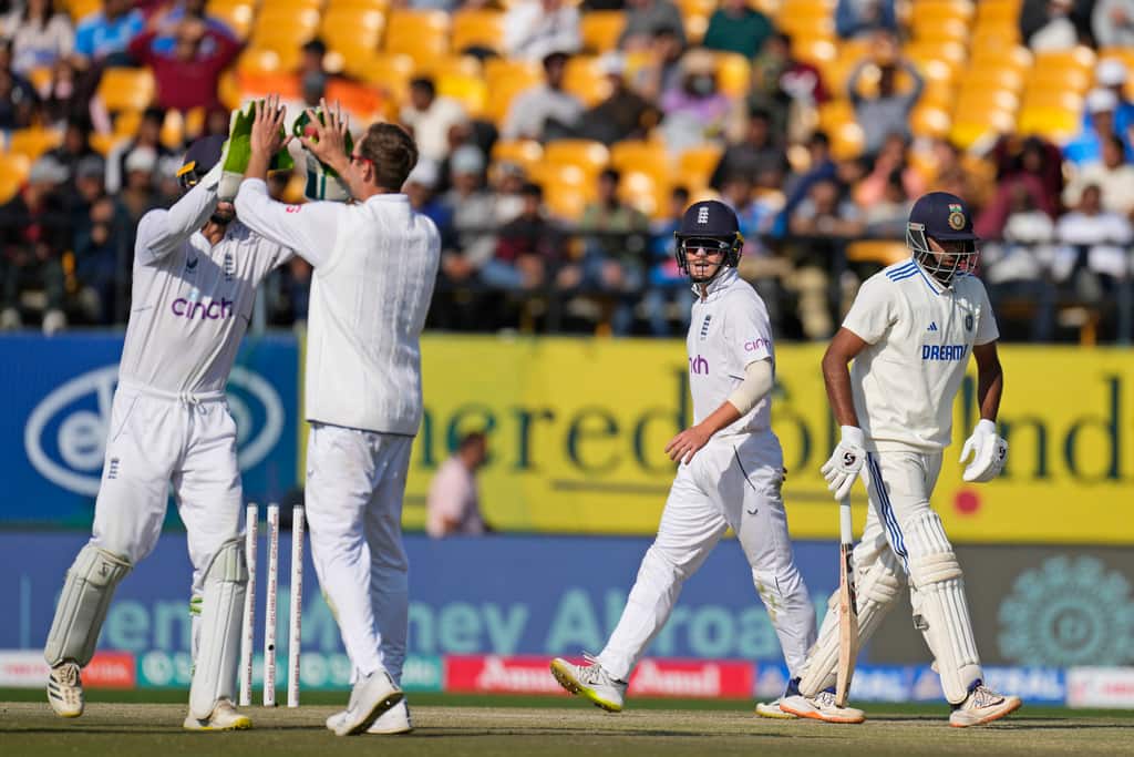 Tom Hartley celebrating R Ashwin's wicket on Friday. (AP)