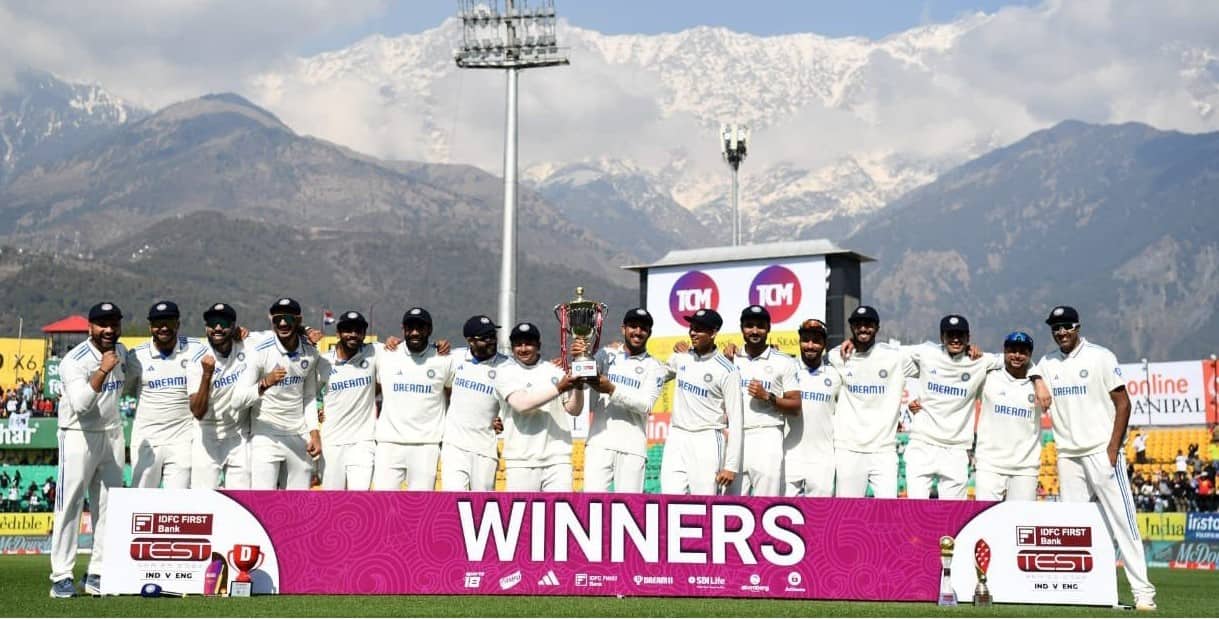 Team India with the trophy after winning the series 4-1 in Dharamsala [x.com]