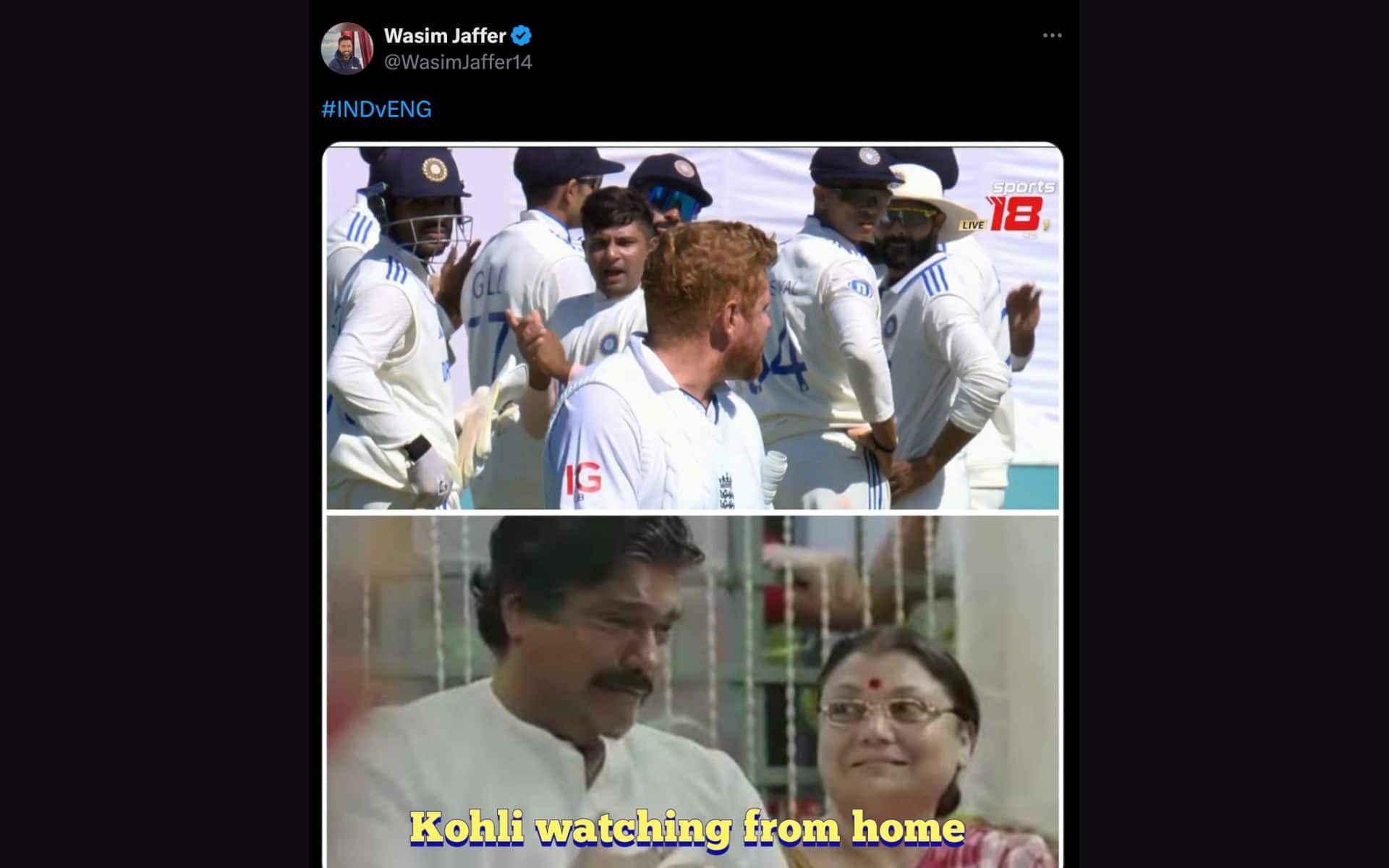 Wasim Jaffer funny meme on Virat Kohli after Gill-Bairstow sledging