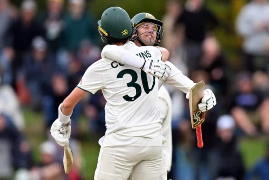 Alex Carey and Pat Cummins celebrating Australia's win at Christchurch (x.com)