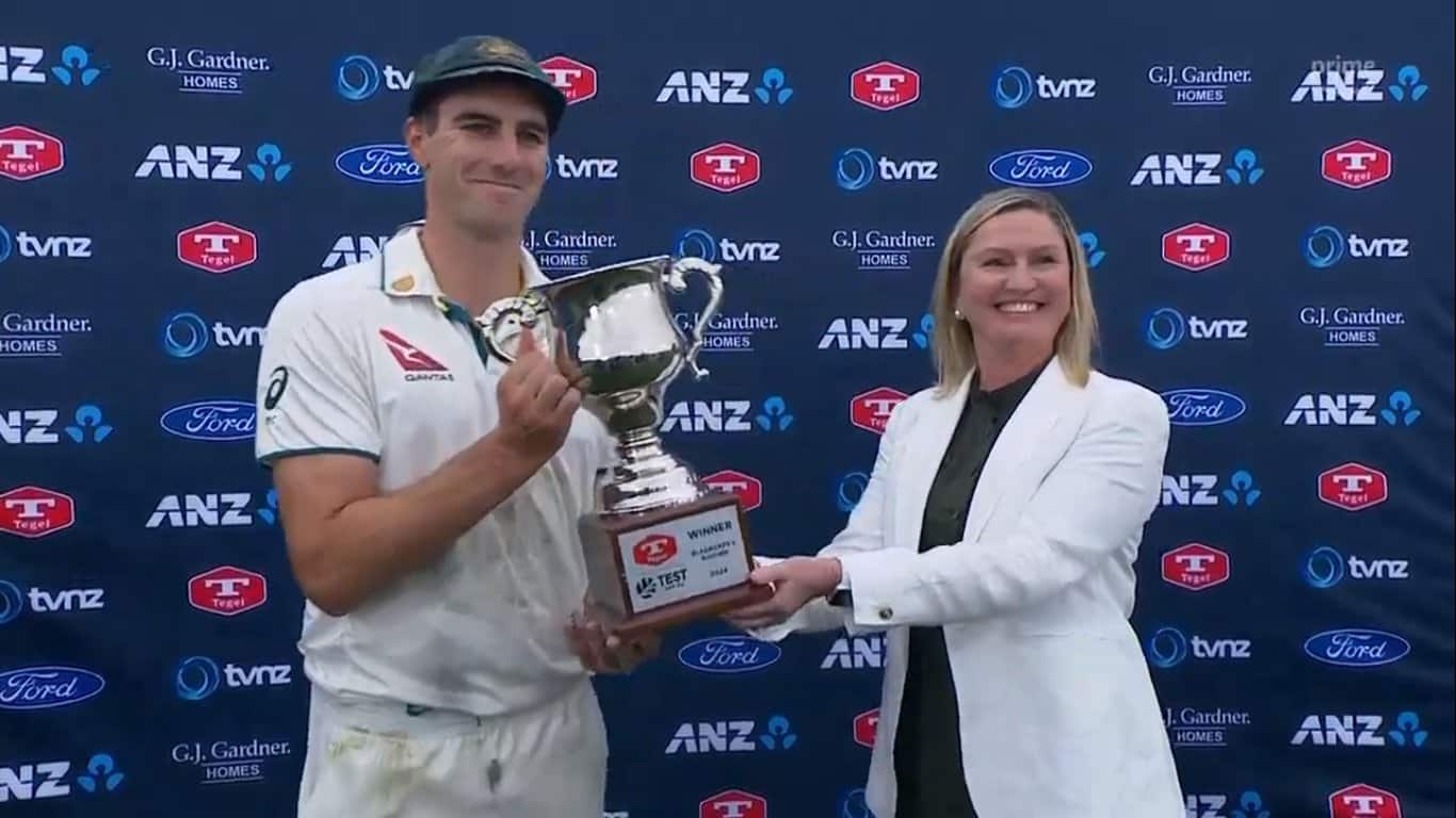 Pat Cummins with Trans-Tasman trophy after beating New Zealand for 2-0 (X.com)