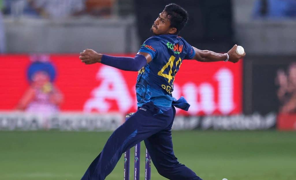 Pramod Madushan bowling for Sri Lanka (X.com)