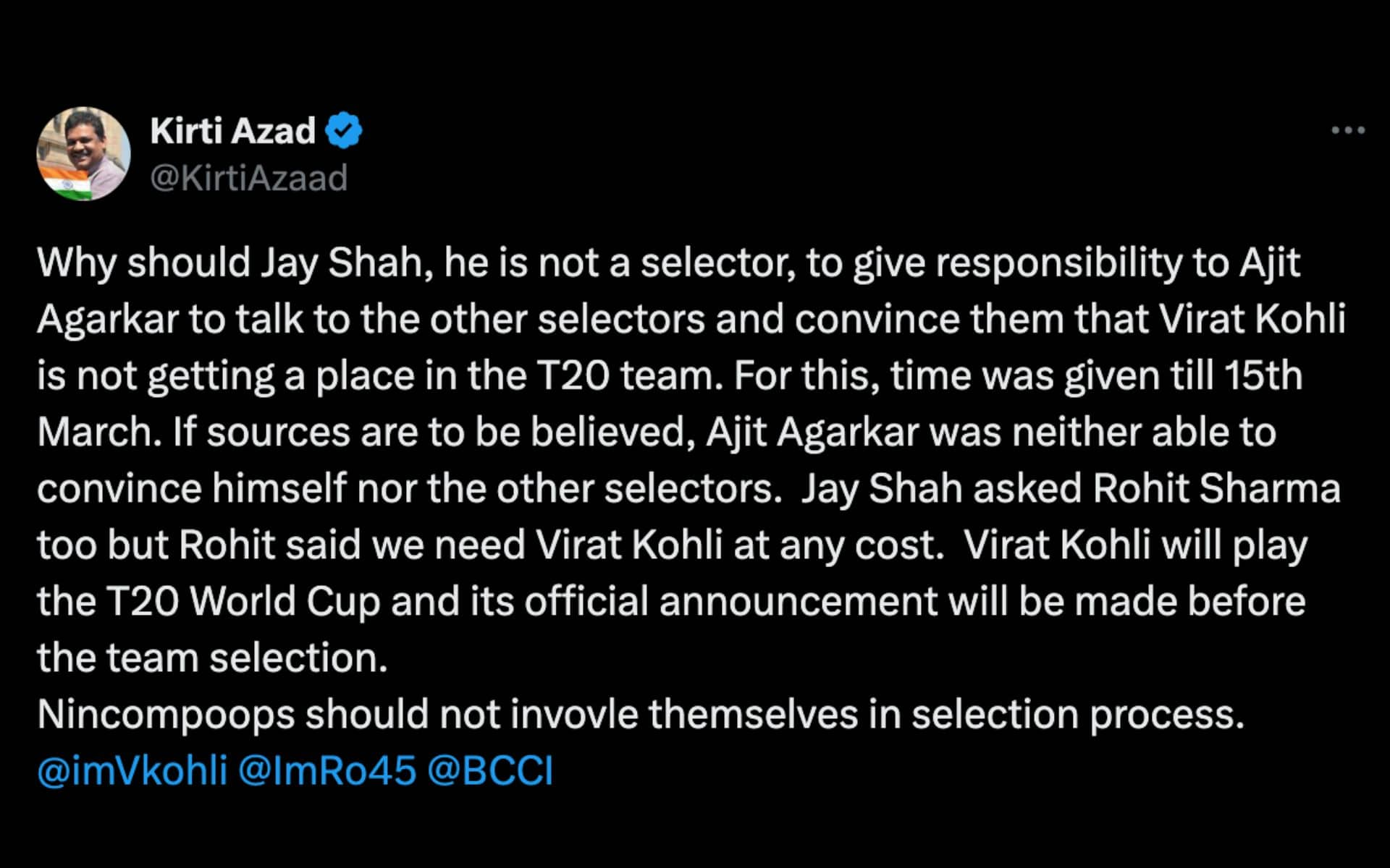 Kirti Azad backs Kohli, calls Jay Shah a stupid person