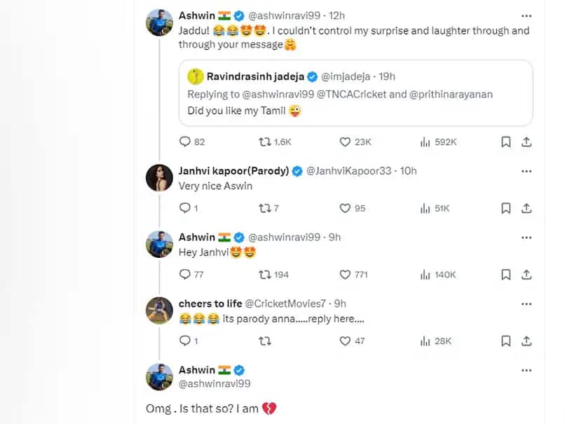 Ashwin's viral chat with actress Janhvi Kapoor's parody account