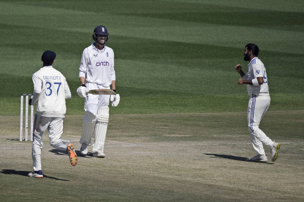 Jasprit Bumrah celebrating an English wicket at Vizag (AP)