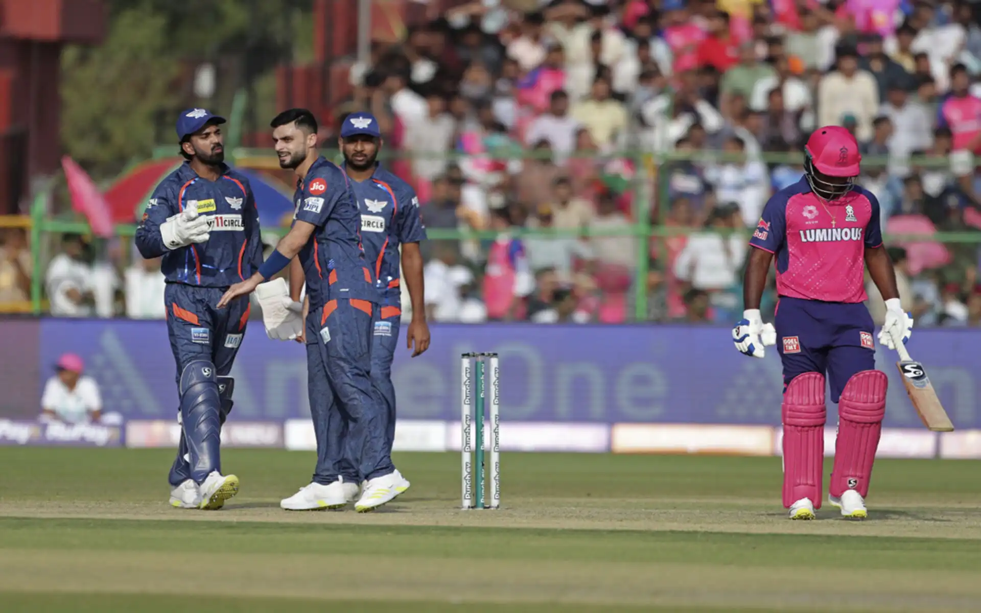 Naveen-ul-Haq celebrates Riyan Parag's wicket (Source: AP Photo)