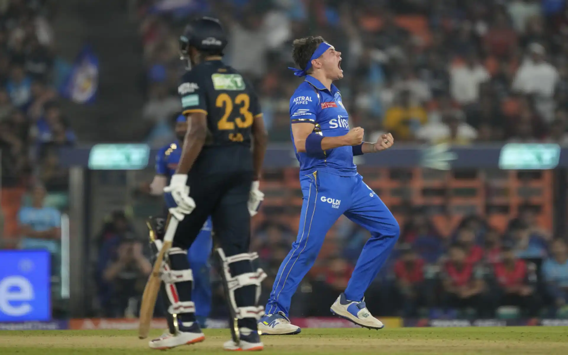 Gerald Coetzee gets the wicket of Azmatullah Omarzai (Source: AP Photo)