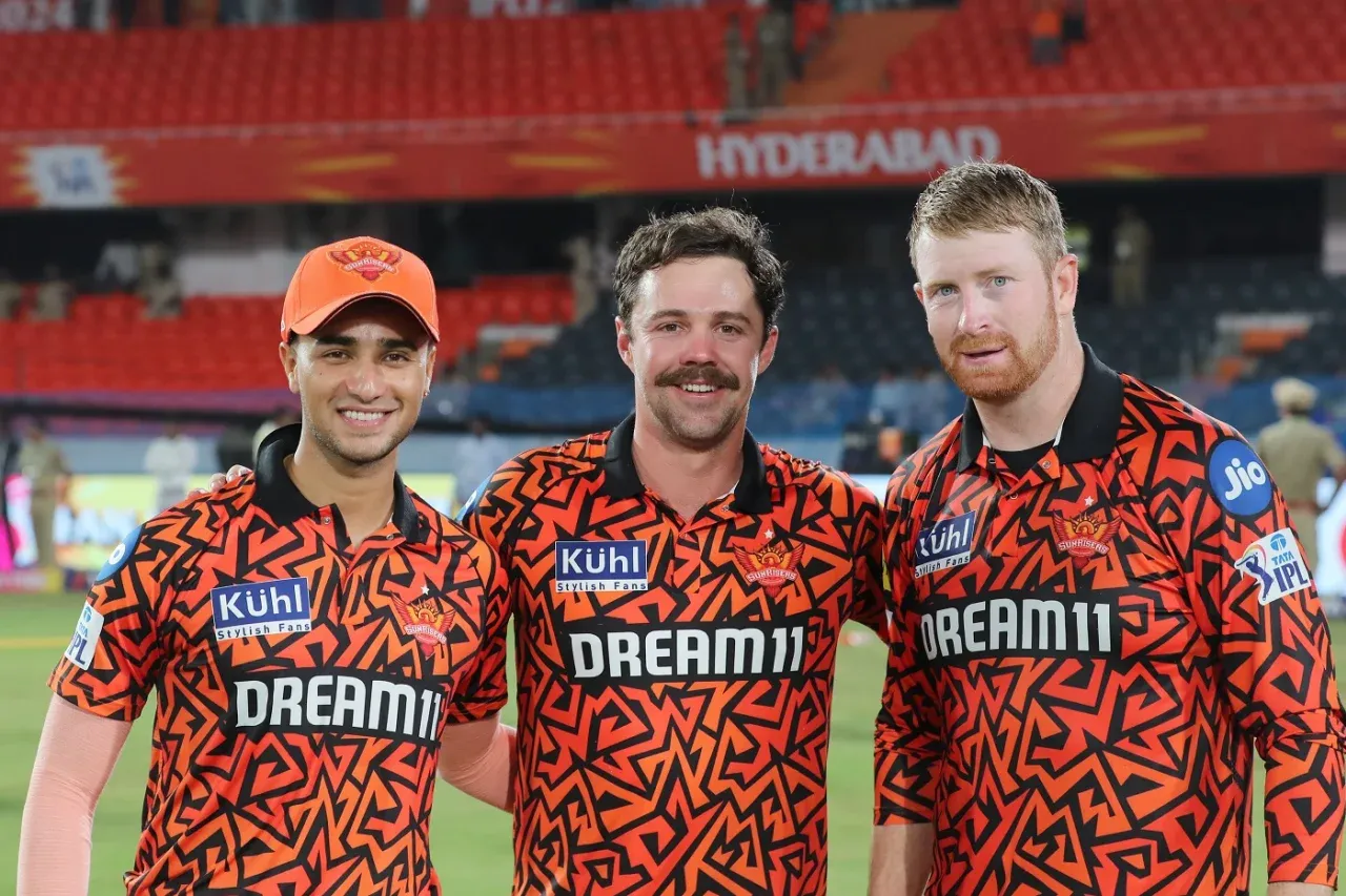 Abhishek Sharma, Travis Head and Heinrich Klaasen after SRH's one-sided win over MI (BCCI)