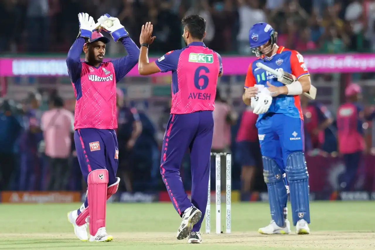 Avesh Khan celebrating Rajasthan Royals win over Delhi Capitals in IPL 2024 (BCCI)
