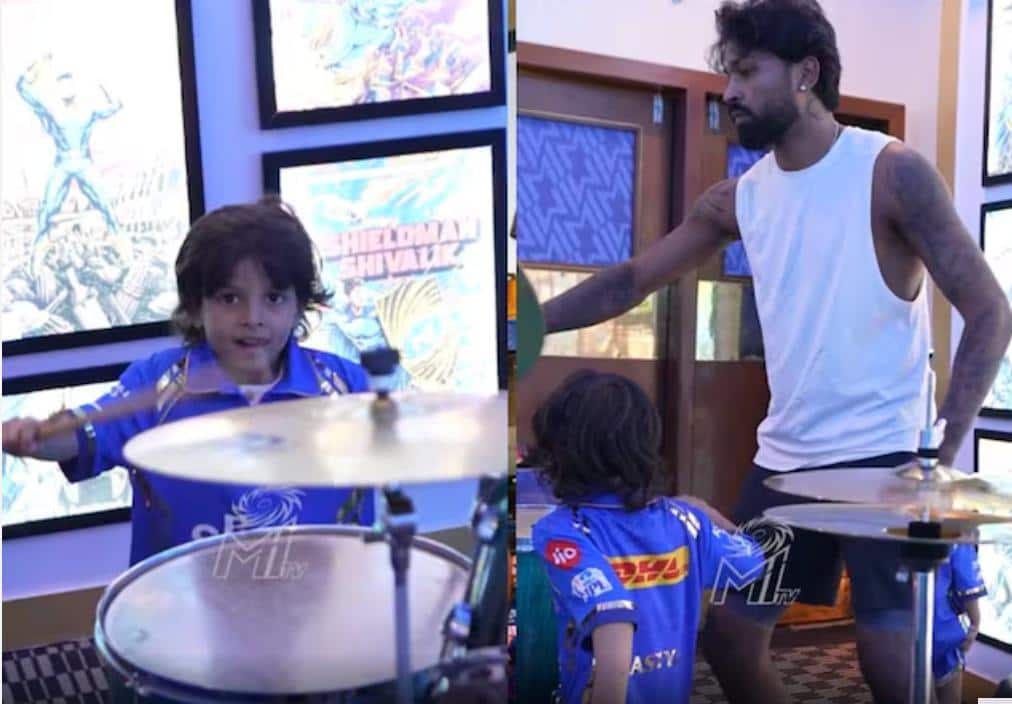 Hardik with his son, Agastya ahead of RR Clash [X]
