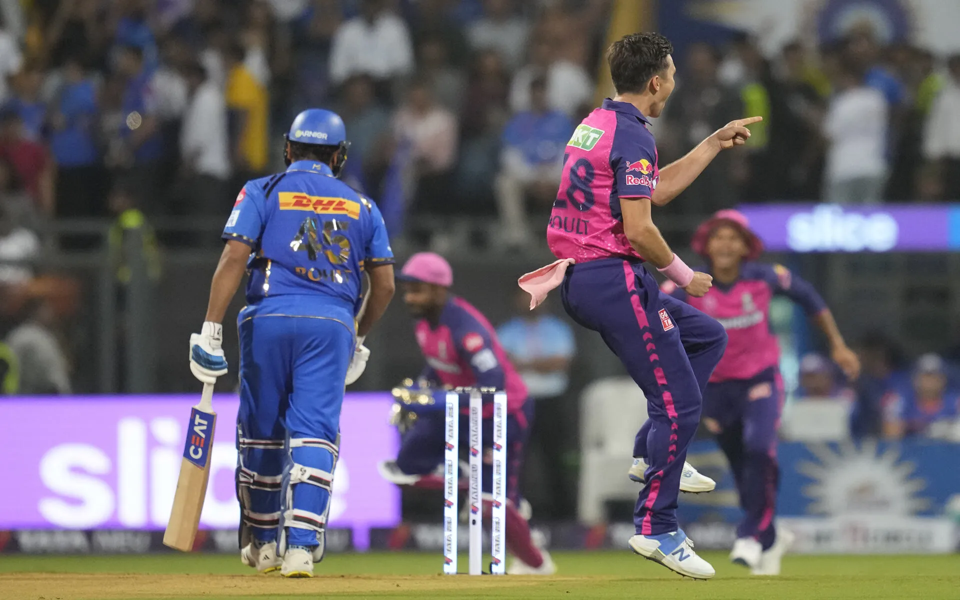 Trent Boult fired up after Rohit Sharma's wicket on Monday (AP Photo)