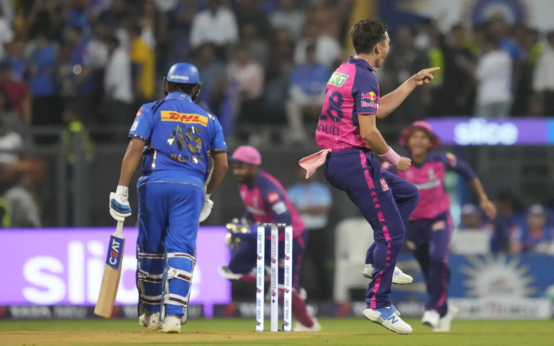 Trent Boult fired up after Rohit Sharma's wicket on Monday (AP Photo)