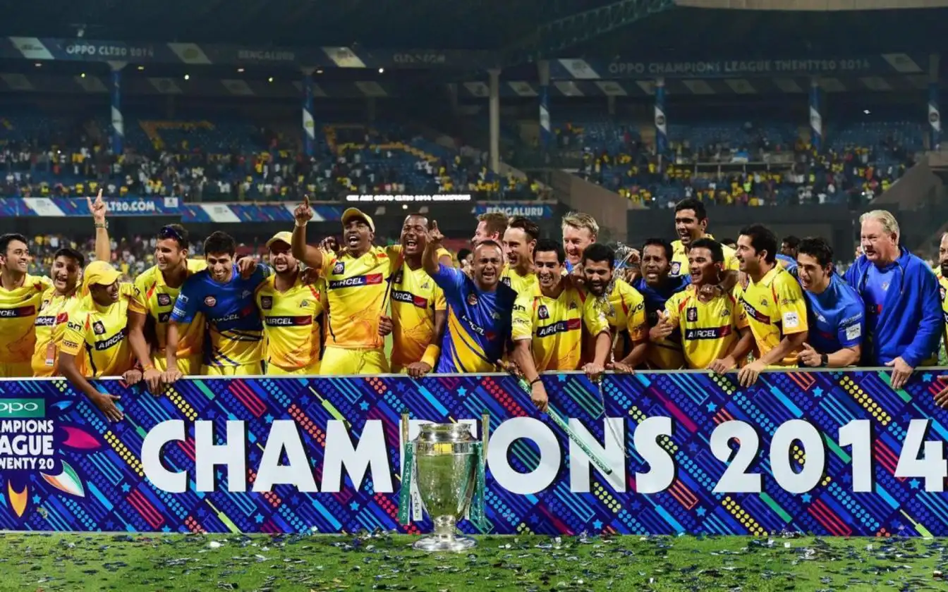 CSK players celebrating CLT20 2014 season victory (X.com)