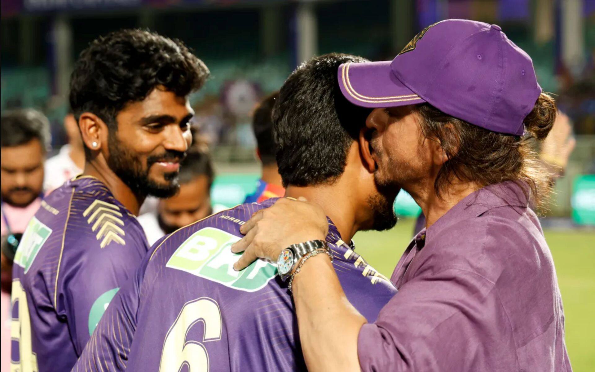 Shah Rukh Khan with one of KKR's youngsters after DC win (AP)