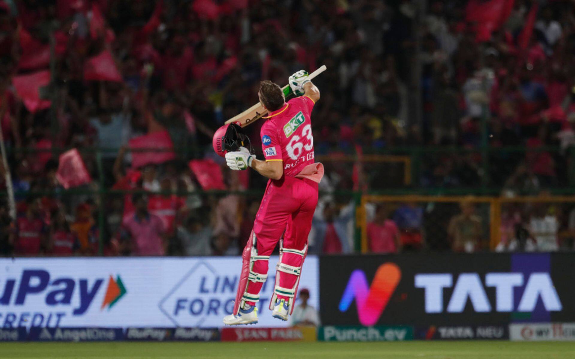 Jos Buttler jumping in the air after hitting 100* vs RCB (AP)