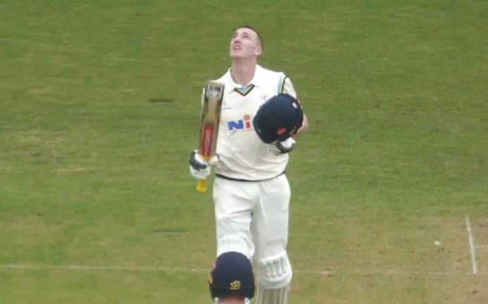 Harry Brook celebrating his 69-ball century against Leicestershire (x.com)
