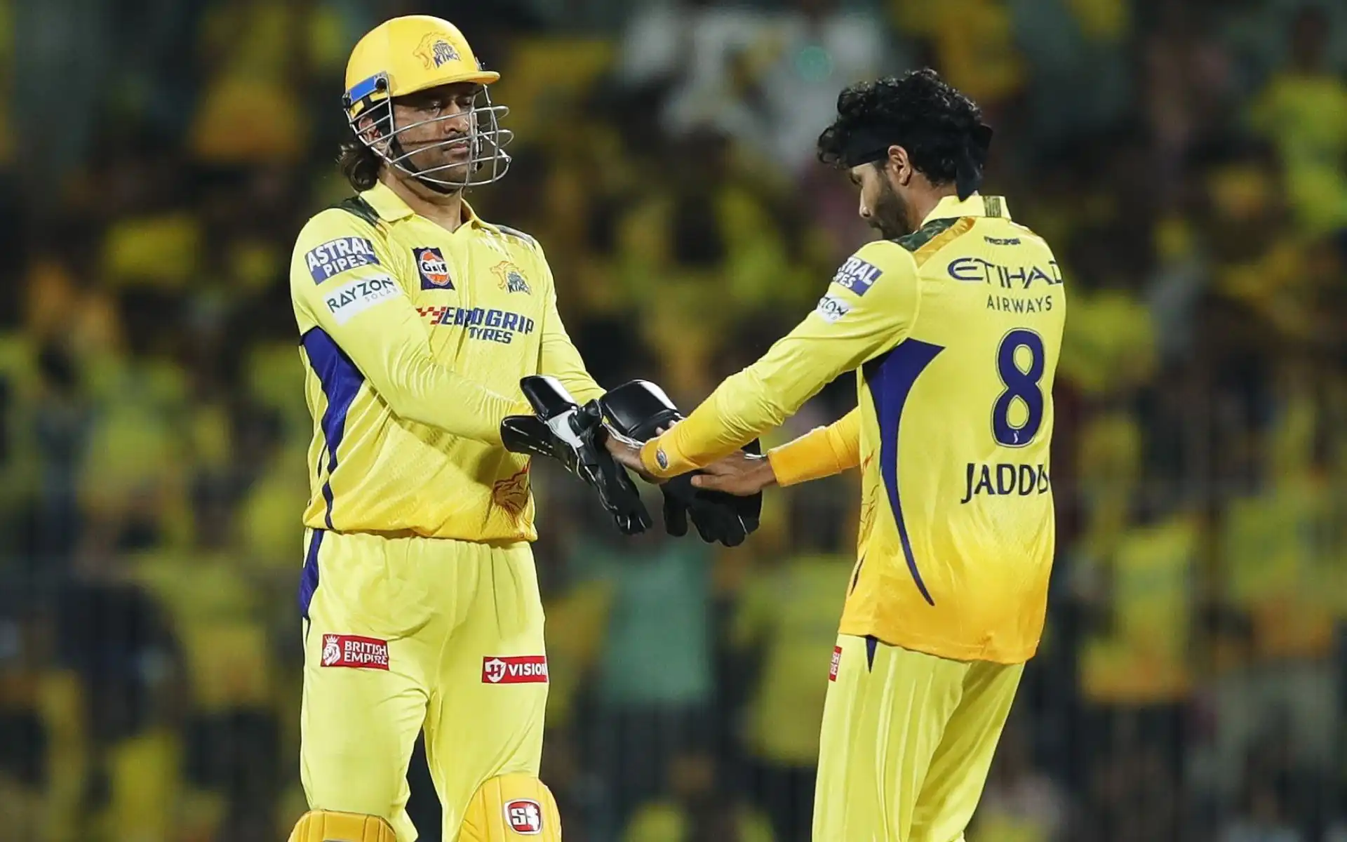 CSK ex-captains MS Dhoni, Jadeja celebrating fall of wicket vs KKR in IPL 2024 (X.com)