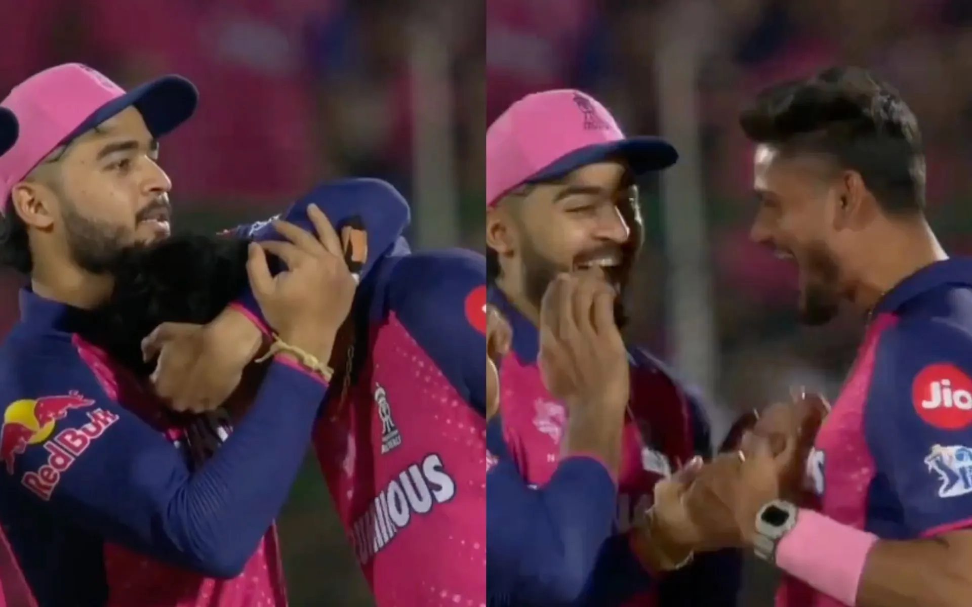 Riyan Parag with Kuldeep Sen during RR-GT thriller