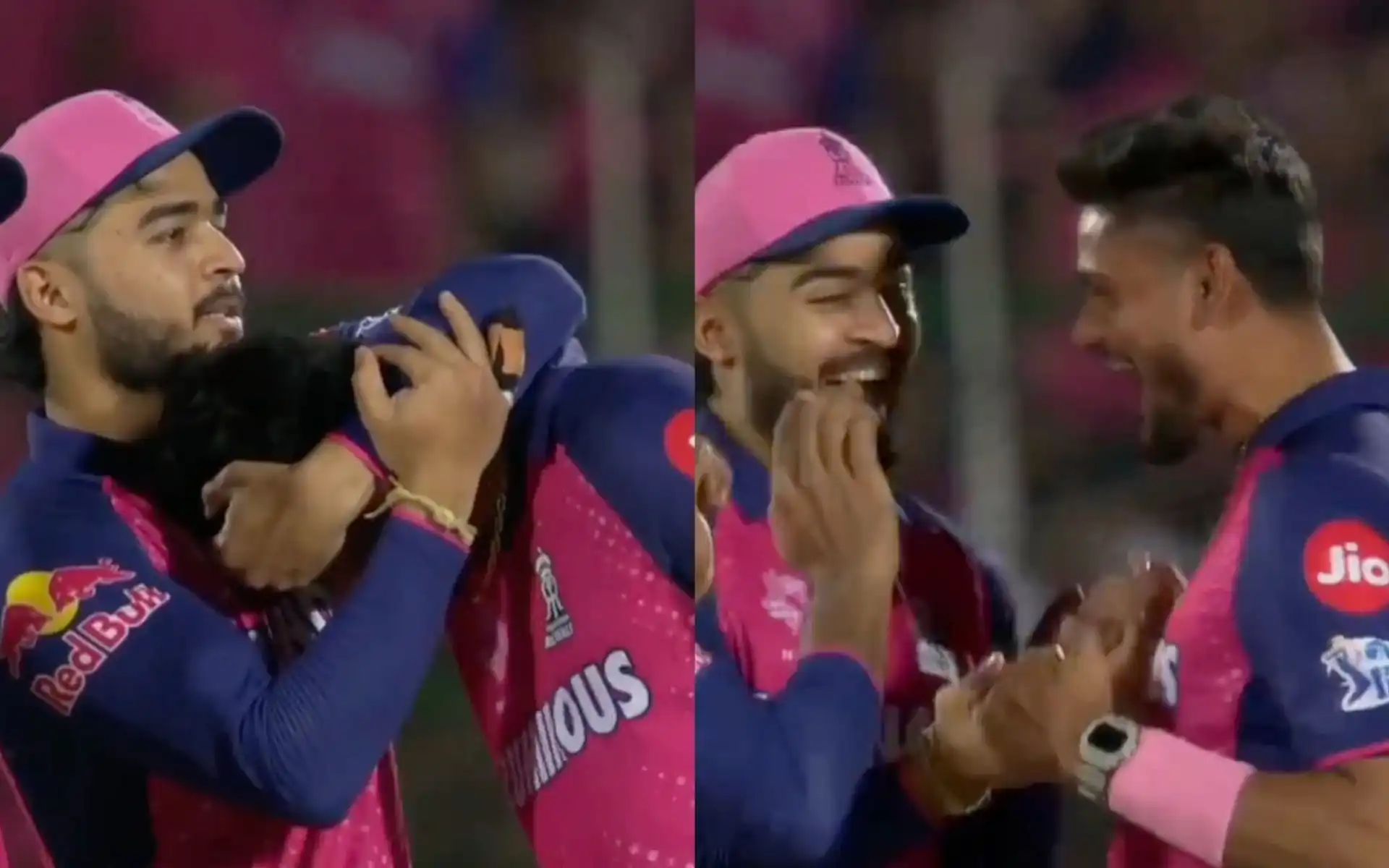 Riyan Parag with Kuldeep Sen during RR-GT thriller