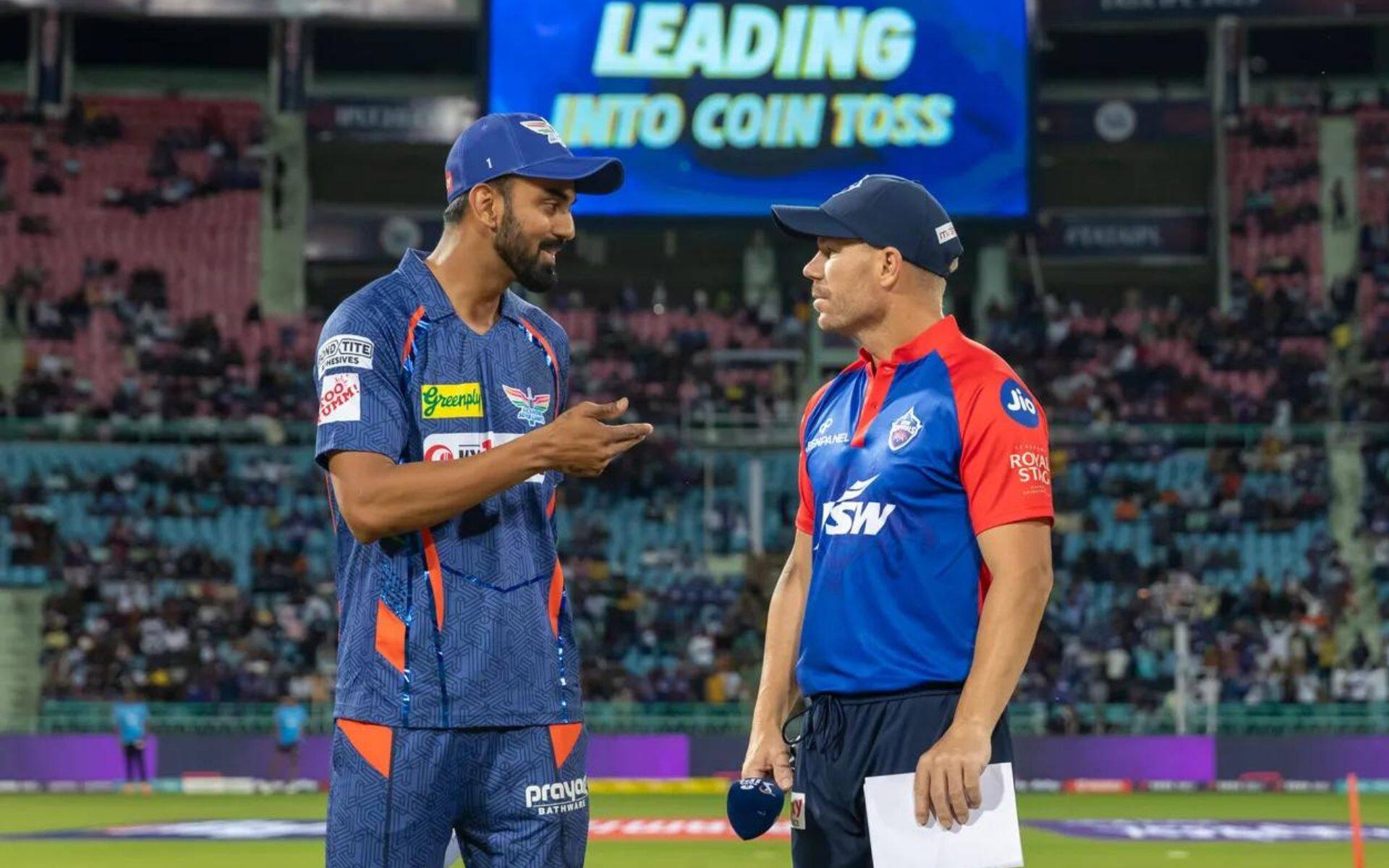 KL Rahul and David Warner during toss of LSG vs DC in IPL 2023 [iplt20.com]