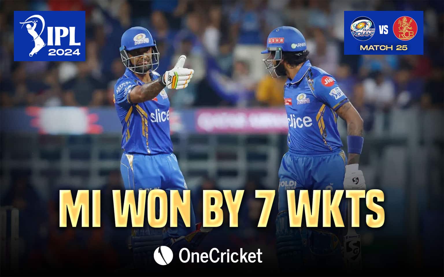 MI won by 7 wickets vs RCB (OneCricket)
