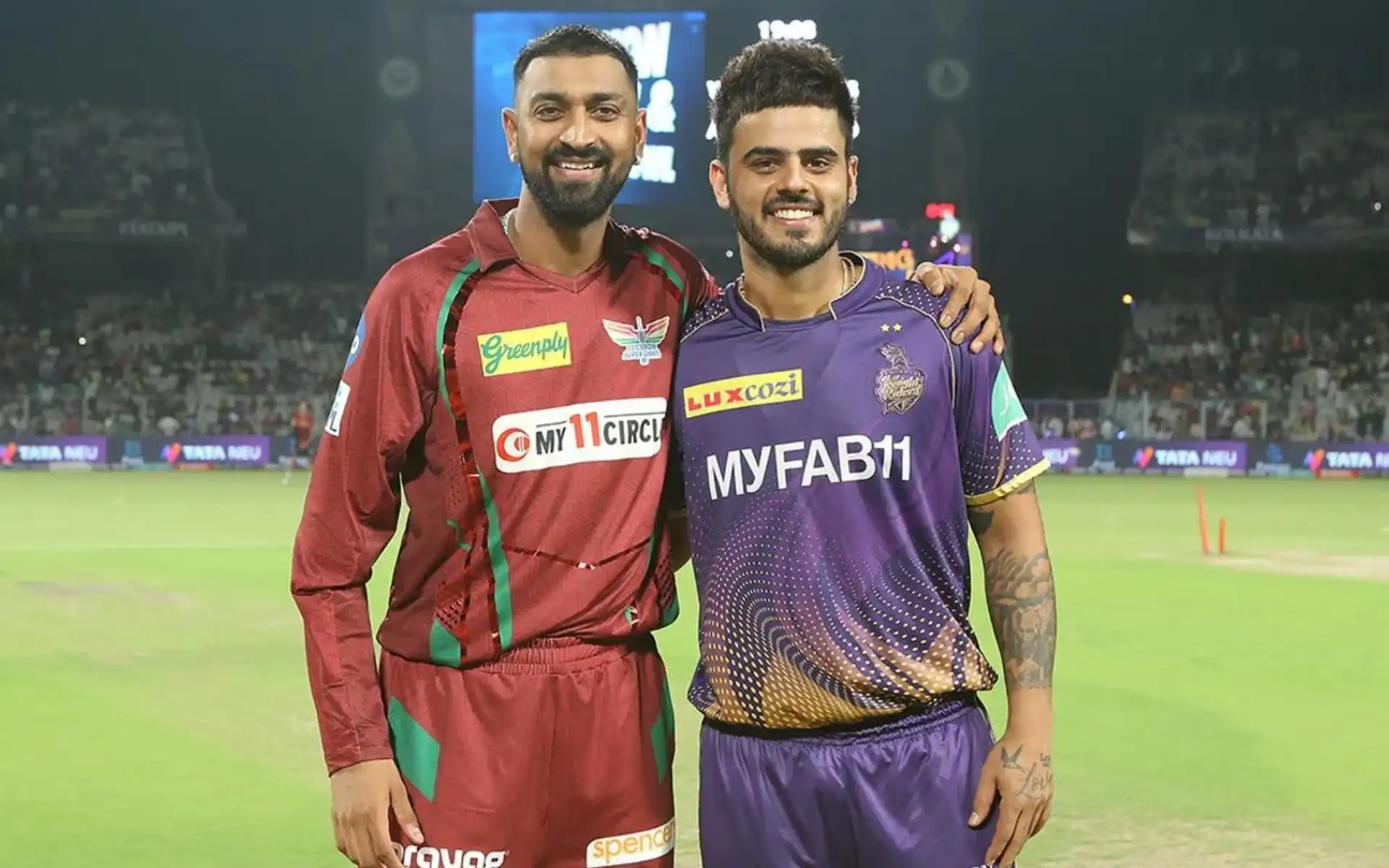 Krunal Pandya and Nitish Rana during toss in KKR vs LSG IPL 2023 [iplt20.com]