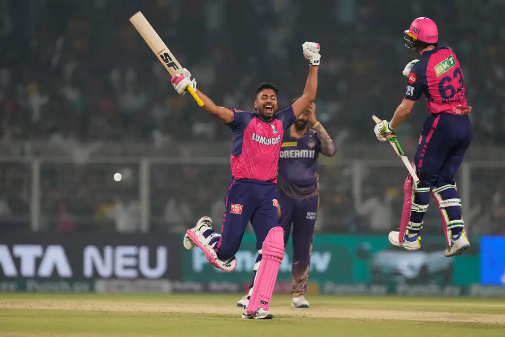 Jos Buttler and Avesh Khan celebrating Rajasthan Royals' win over KKR (AP)