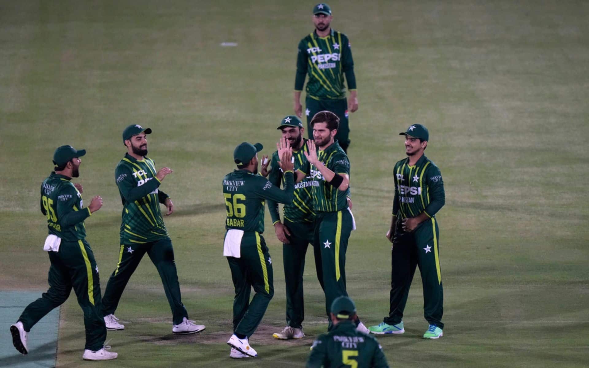 Shaheen celebrating Robinson's wicket with Babar (AP Photos)