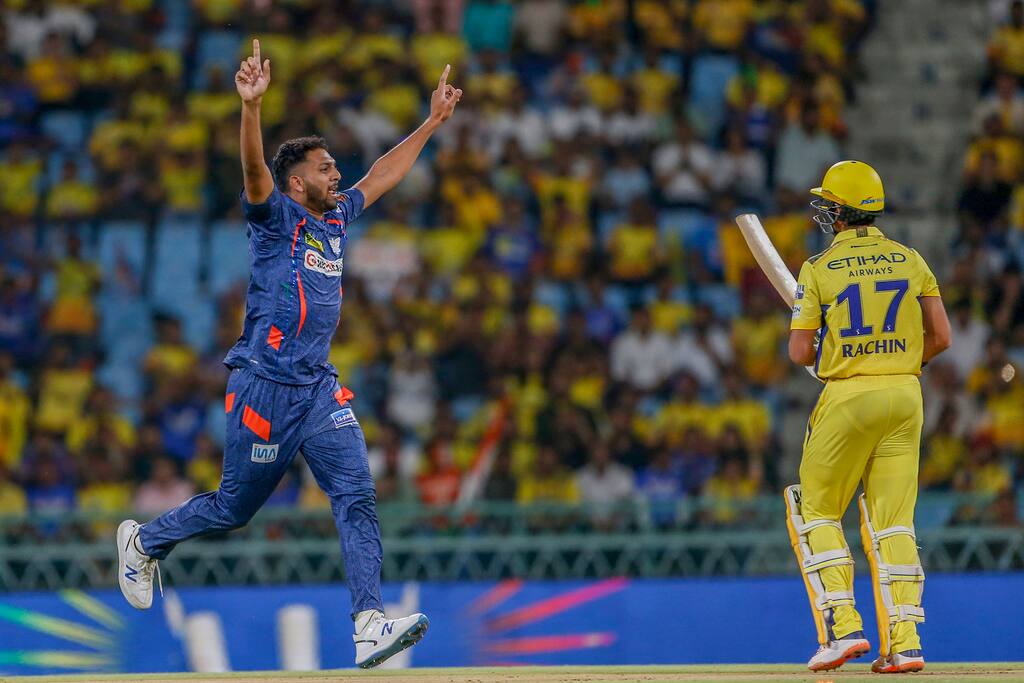 Mohsin celebrating his 'stump-breaking' theatrics vs Rachin (AP Photo)
