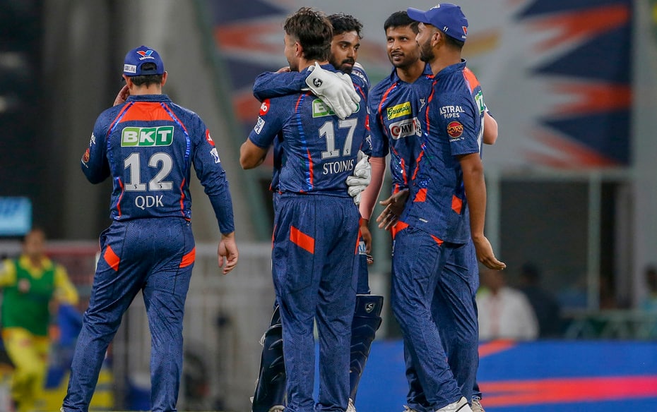 Marcus Stoinis and KL Rahul hugging one another after Dube's wicket (AP Photo)