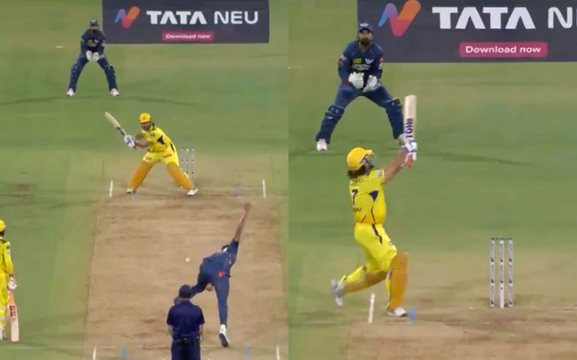 MS Dhoni goes for a ramp shot vs Mohsin (X.com)