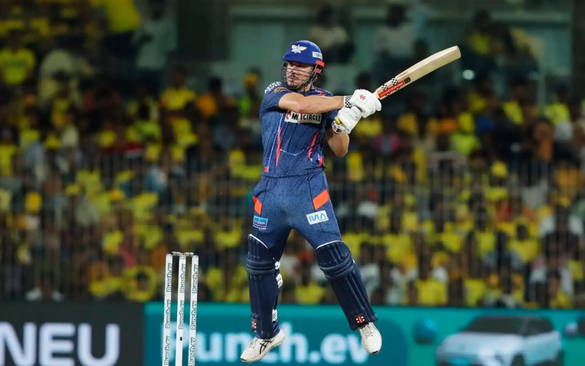 Marcus Stoinis cuts one during his 124* knock against CSK (BCCI)