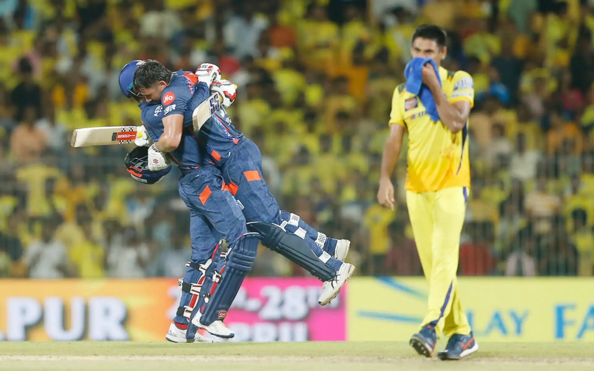 Stoinis celebrating with Hooda while Fizz is disappointed (AP)