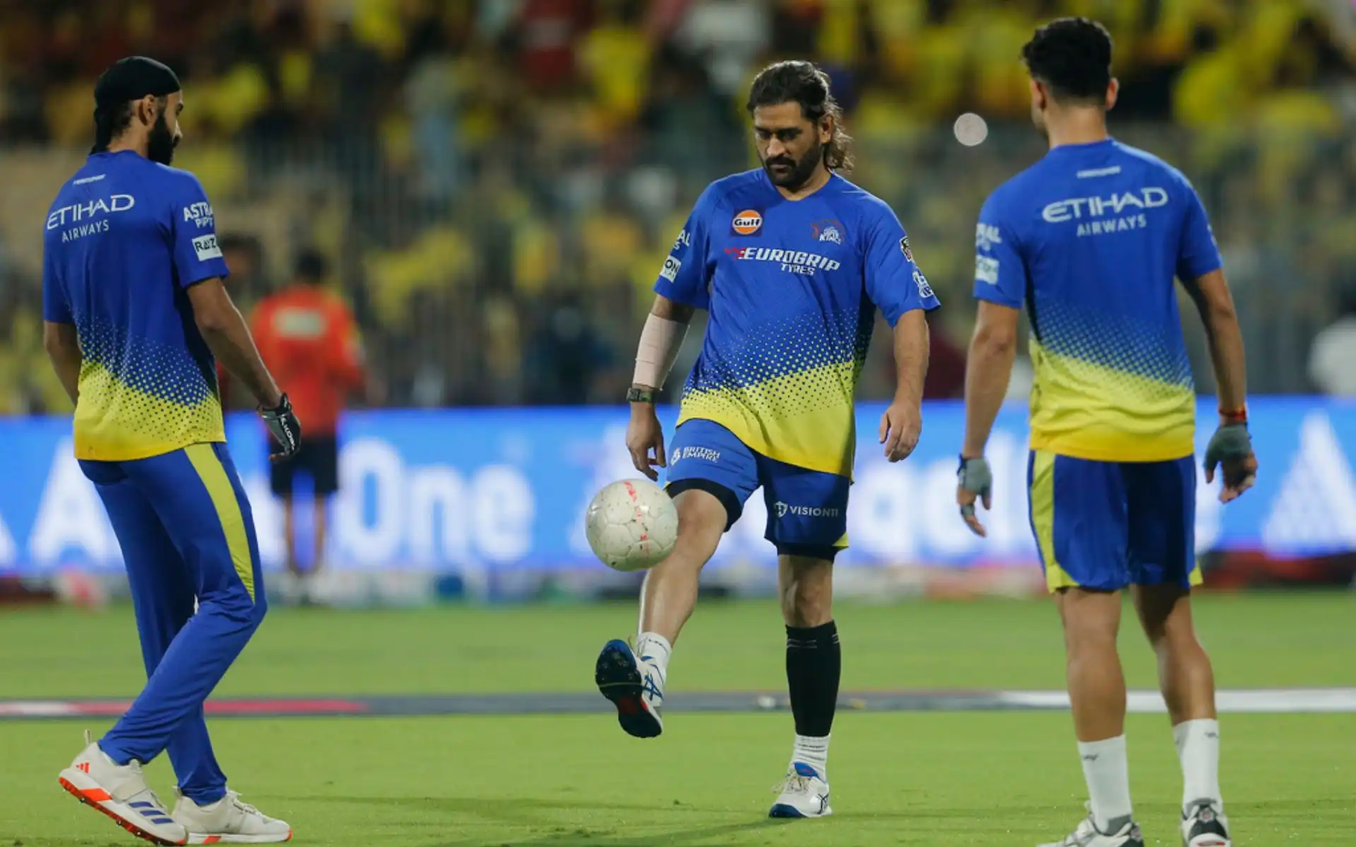 MS Dhoni playing football before CSK vs SRH (AP Photo)
