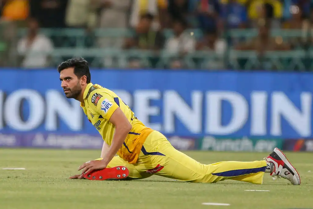 Deepak Chahar stretching before the second innings (AP Photo)

