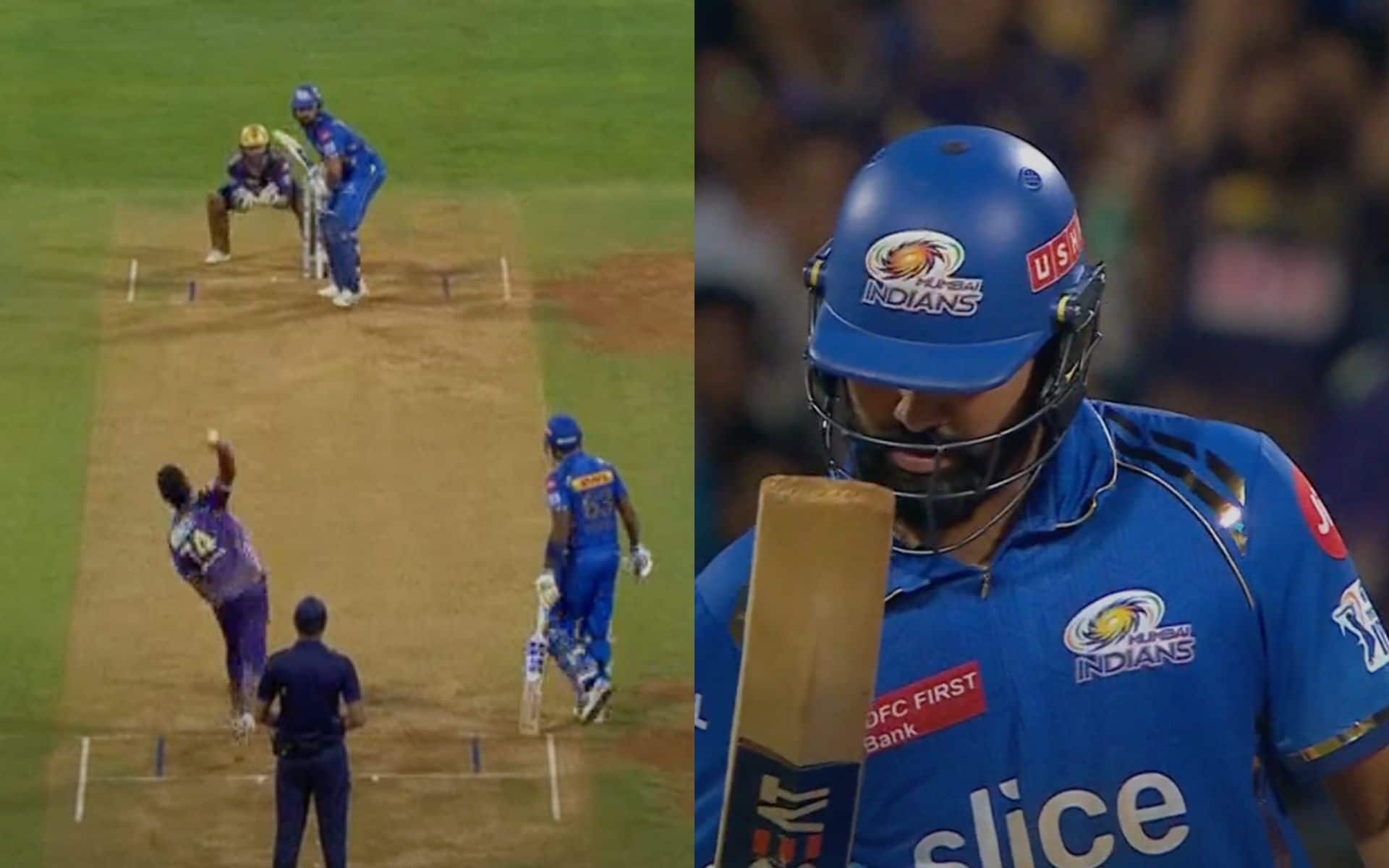Rohit Sharma looks at his bat after losing his wicket vs KKR (X.com)