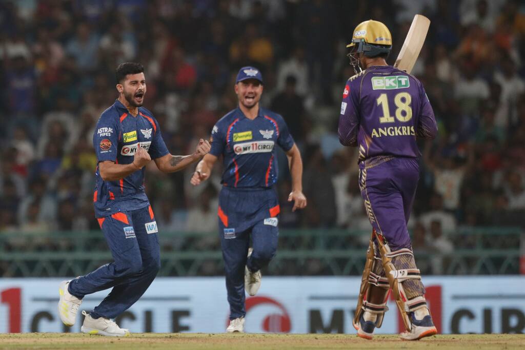 Yudhvir Singh celebrating Raghuvanshi's wicket (AP Photo)