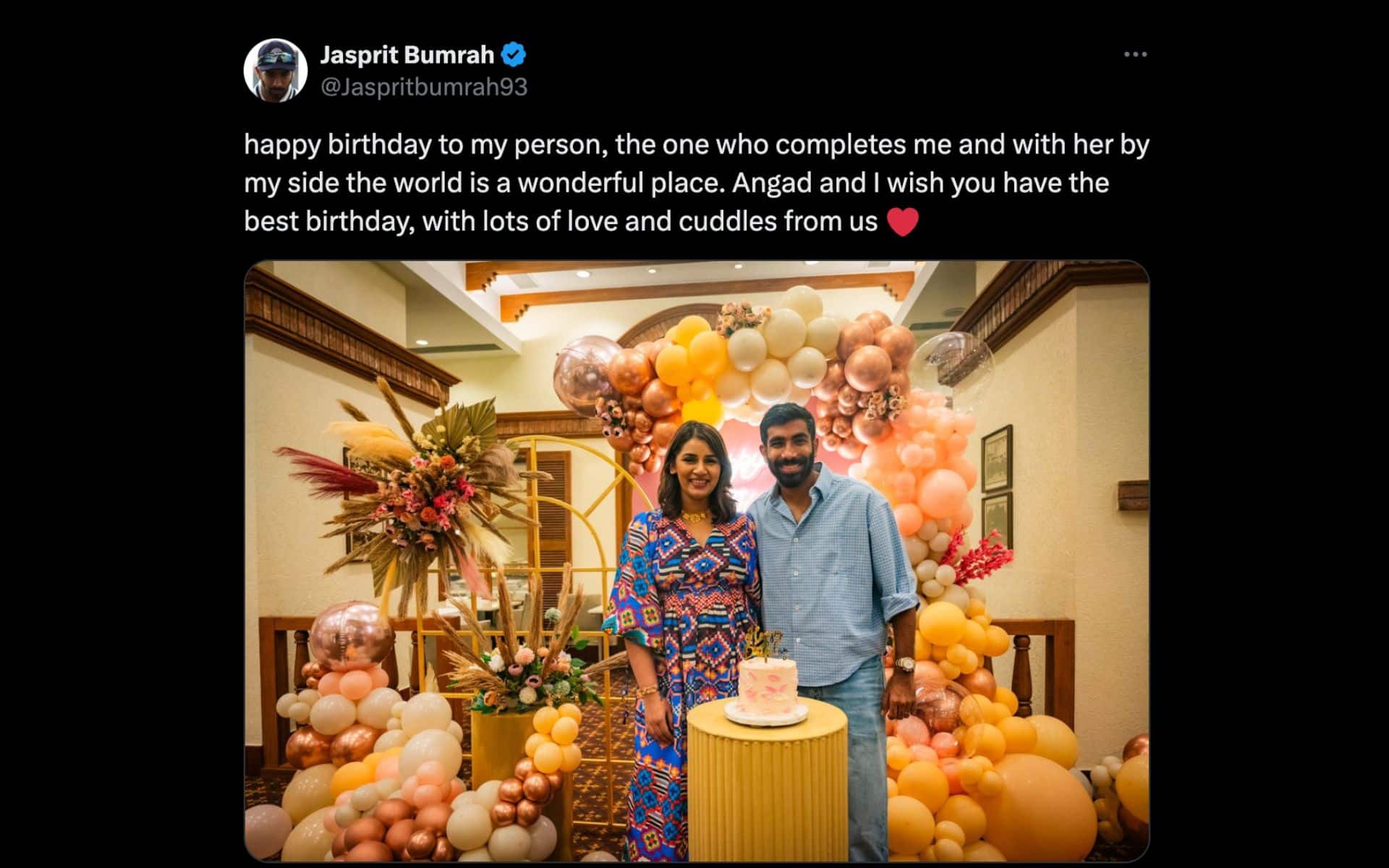 Bumrah's birthday post for wife Sanjana (x.com/Jaspritbumrah93)