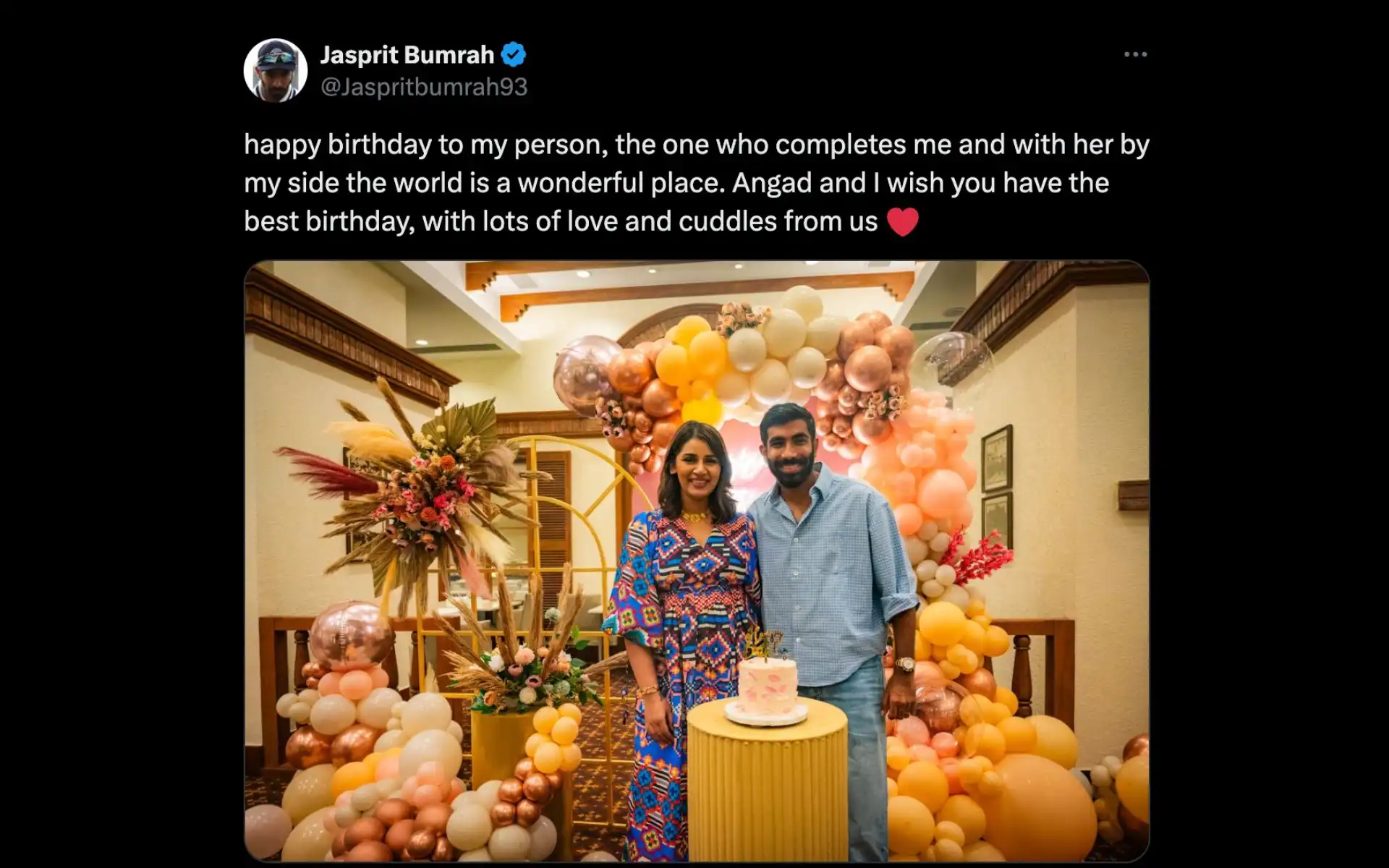 Bumrah's birthday post for wife Sanjana (x.com/Jaspritbumrah93)