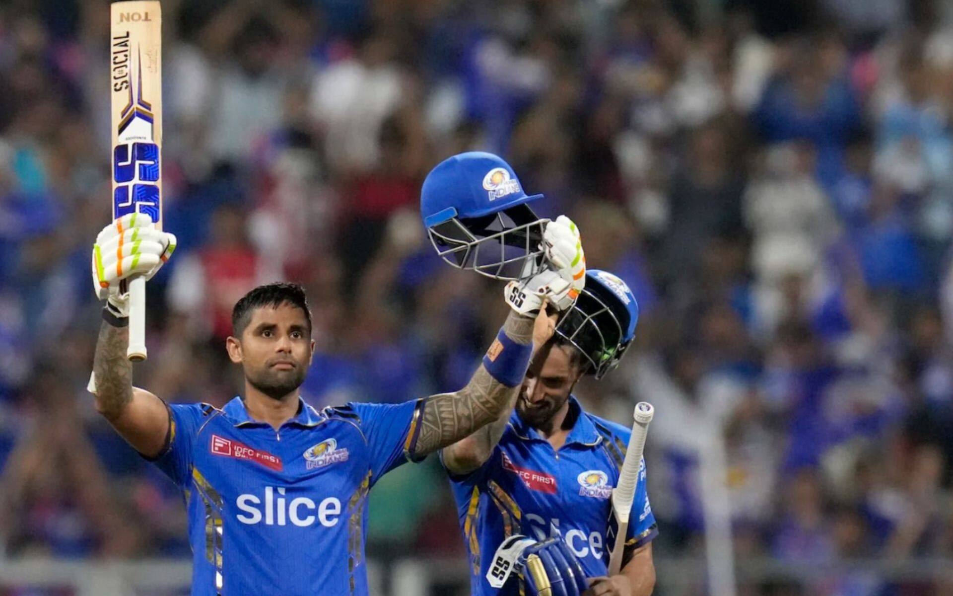 Suryakumar Yadav celebrating his century and MI win with Tilak Varma (BCCI)