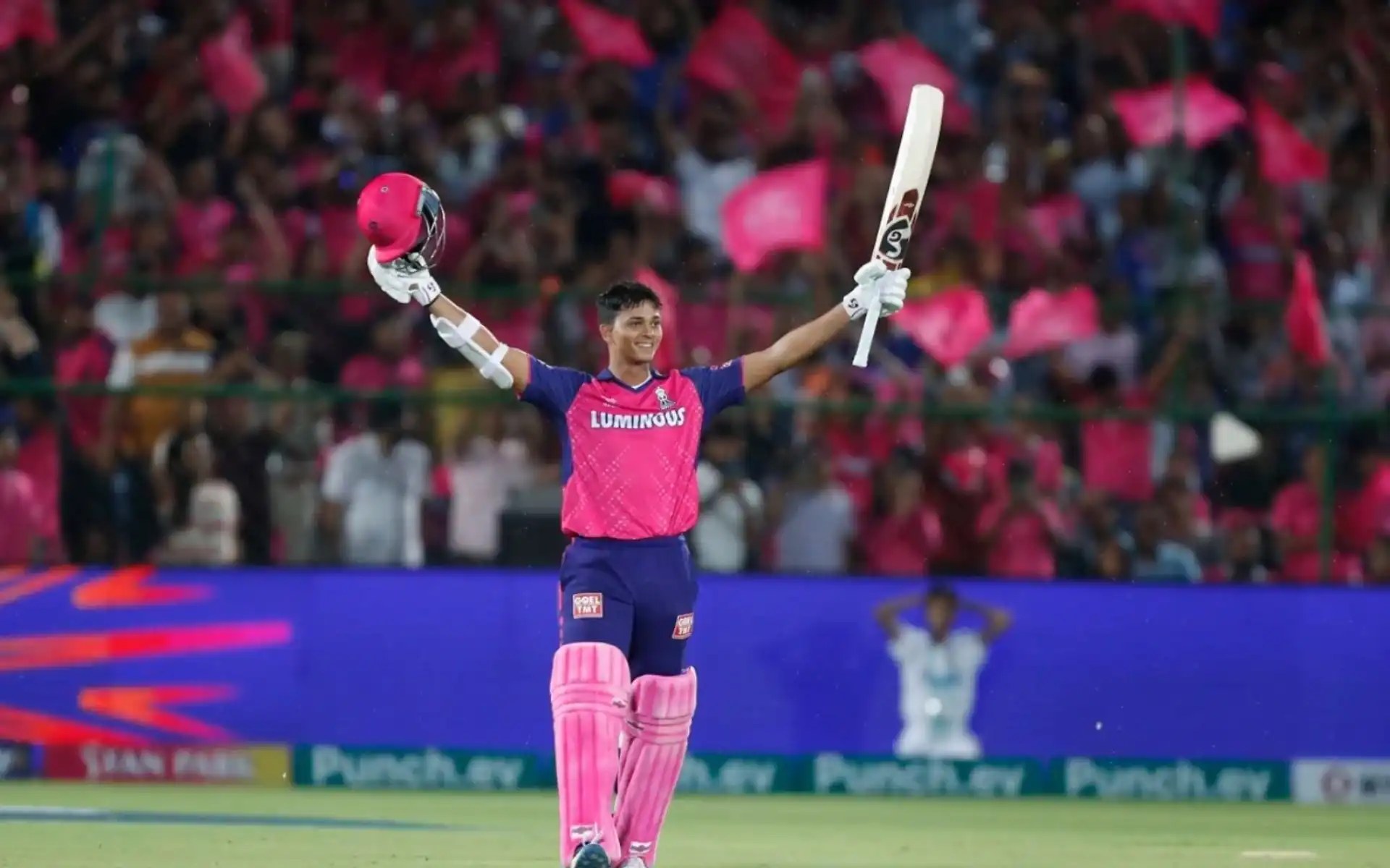 Jaiswal celebrating his century against Mumbai (BCCI)