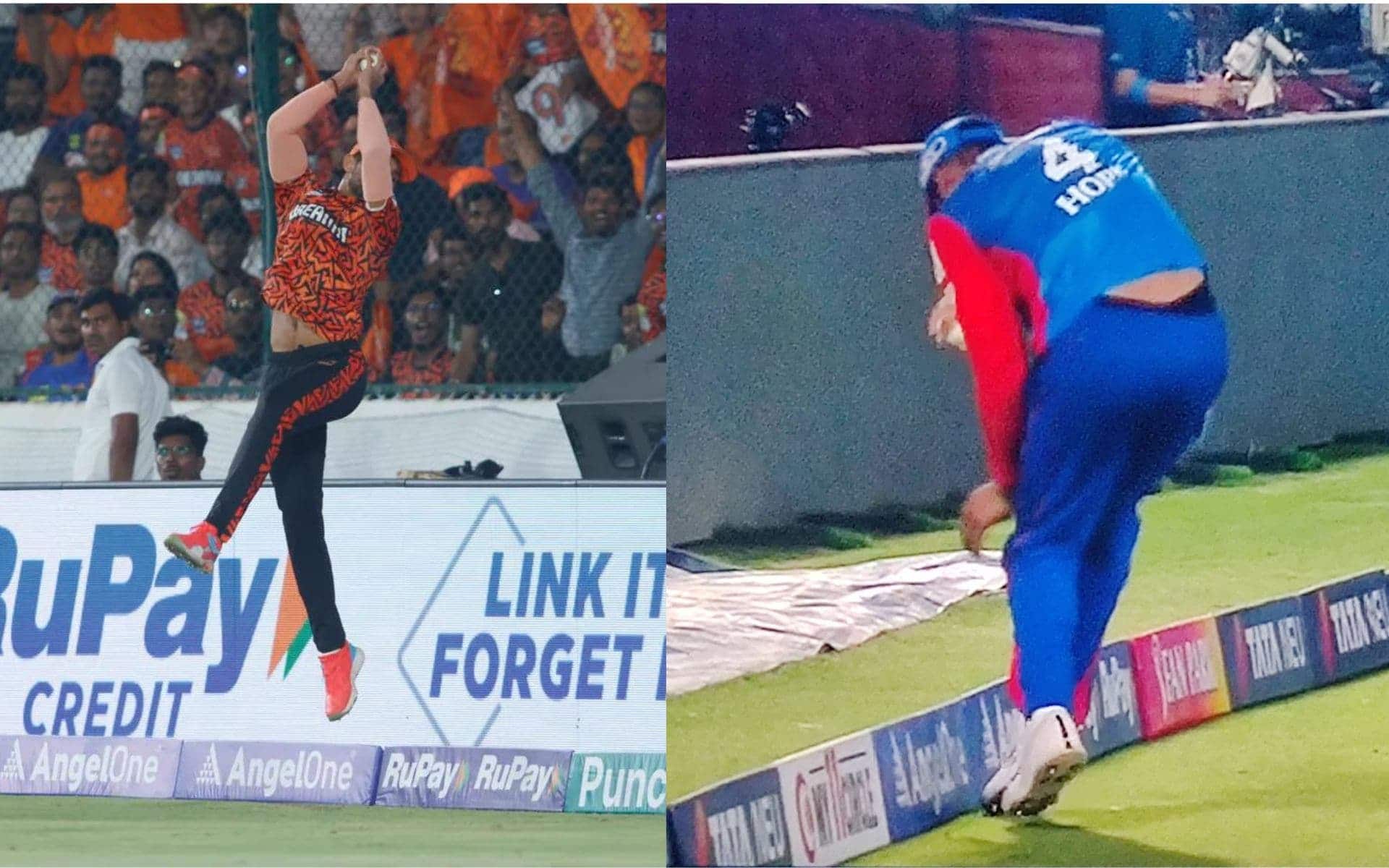 Nitish Reddy and Shai Hope during their respective catches (X.com)