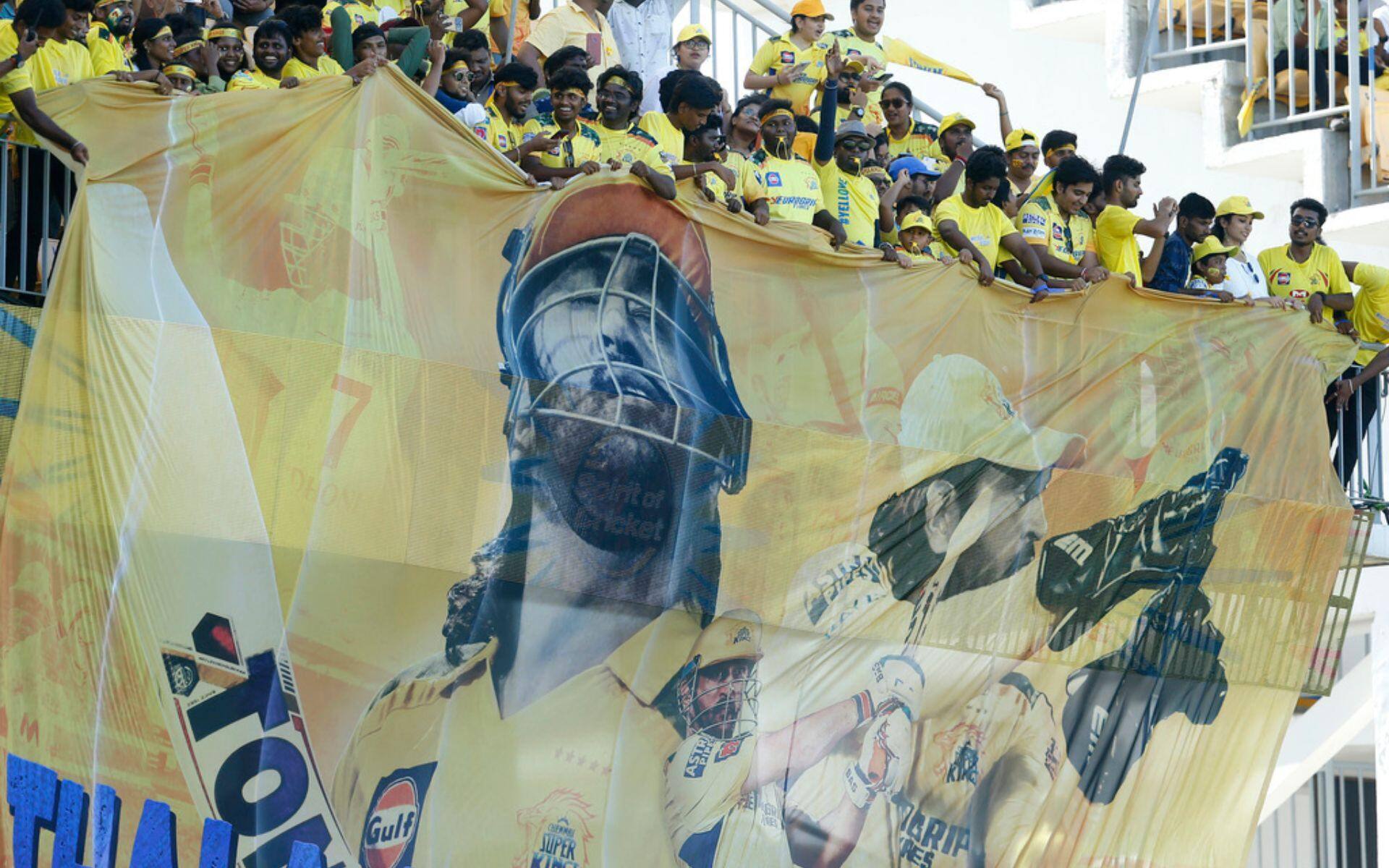 A big poster on MS Dhoni during RR match in IPL 2024 (AP)