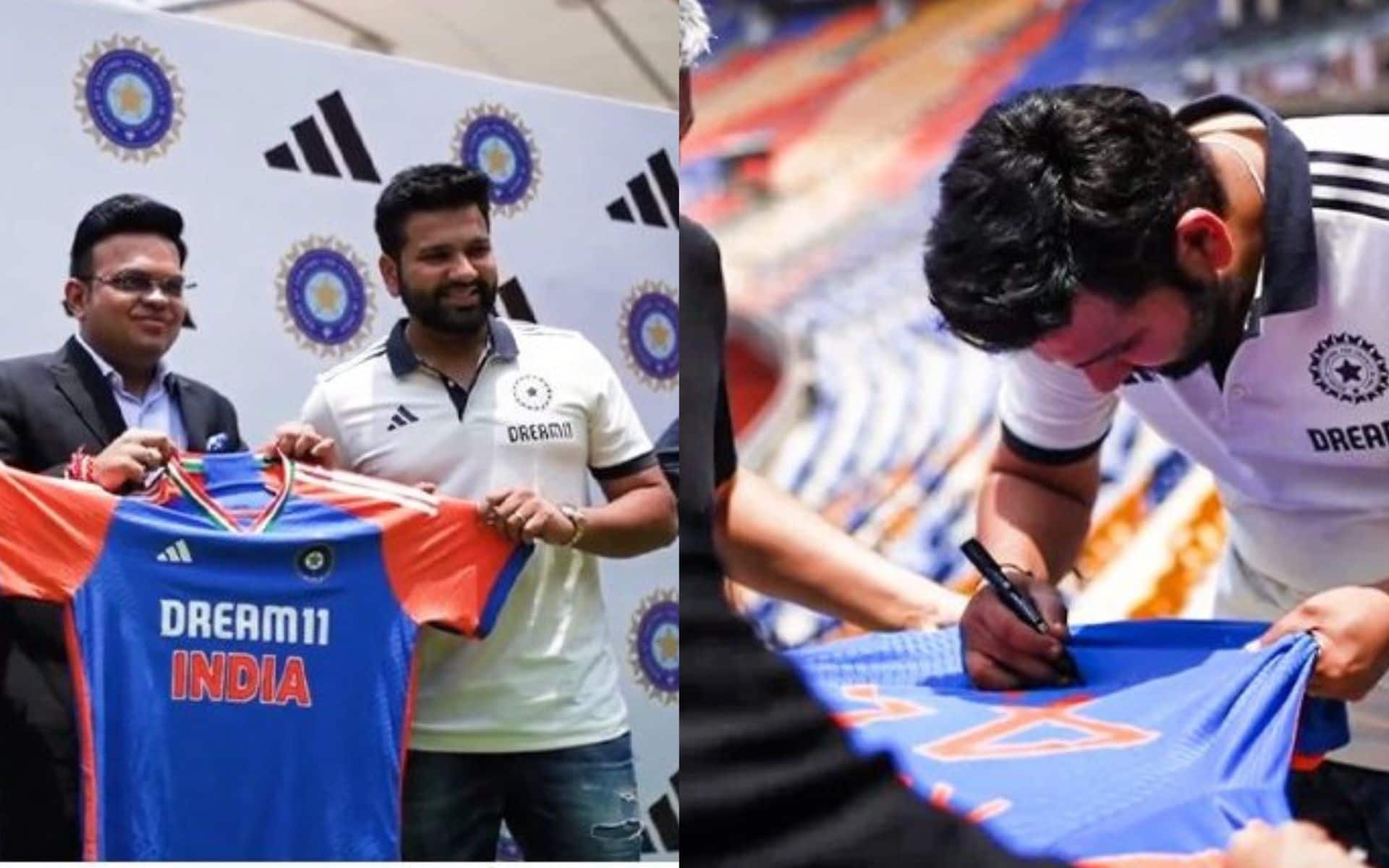 Rohit Sharma With Jay Shah presented India's jersey for the upcoming T20 World Cup [X.com]