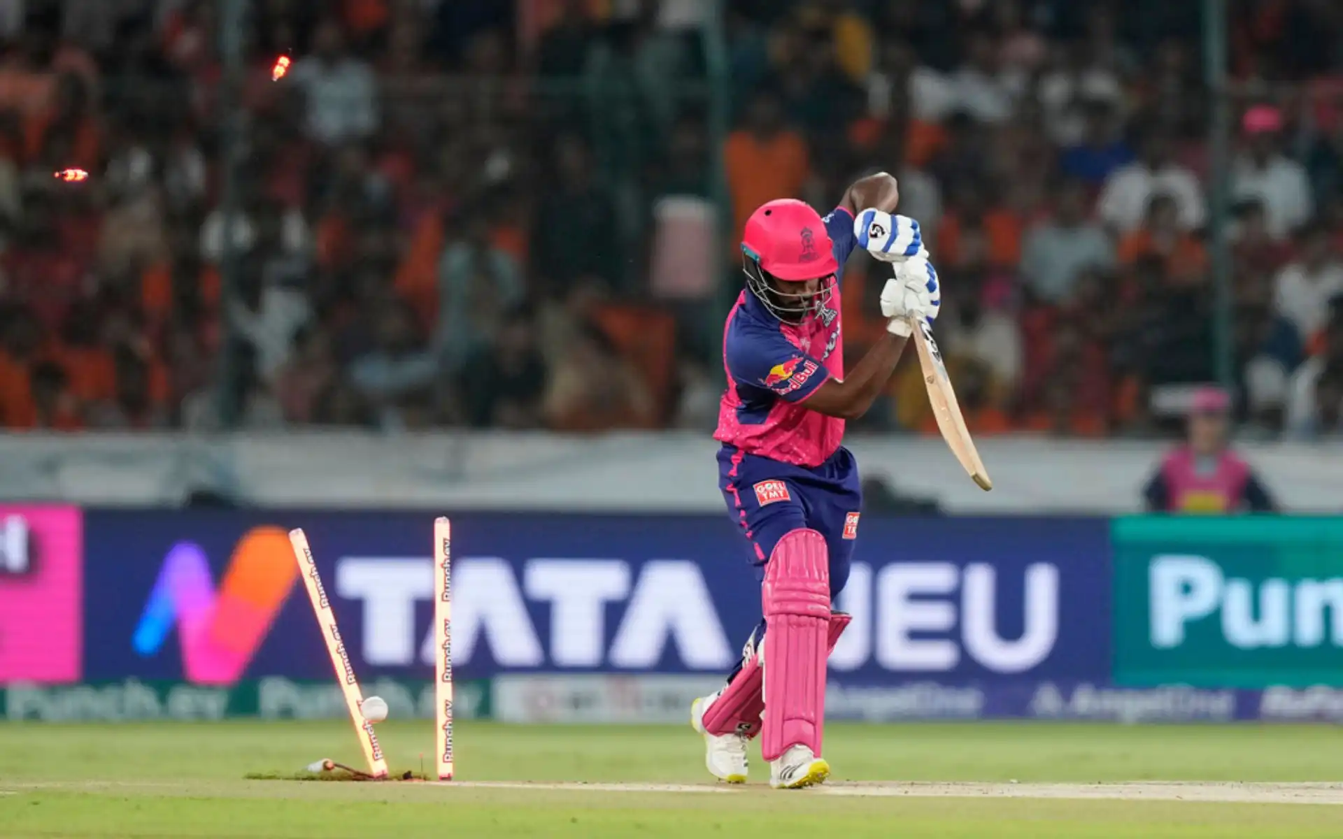 Sanju Samson getting cleaned up in IPL 2024 (Associated Press)