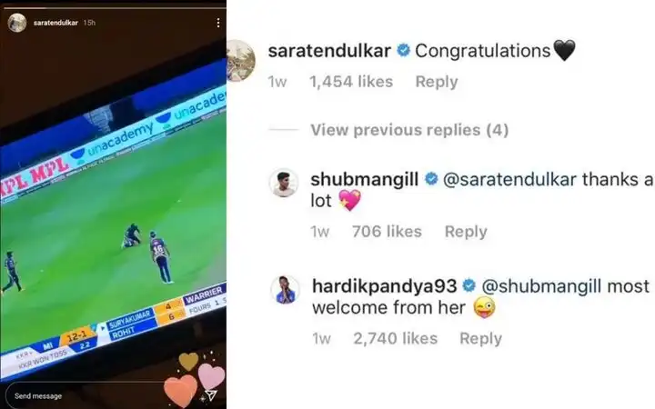 Sara Tendulkar's Instagram post for Shubman Gill