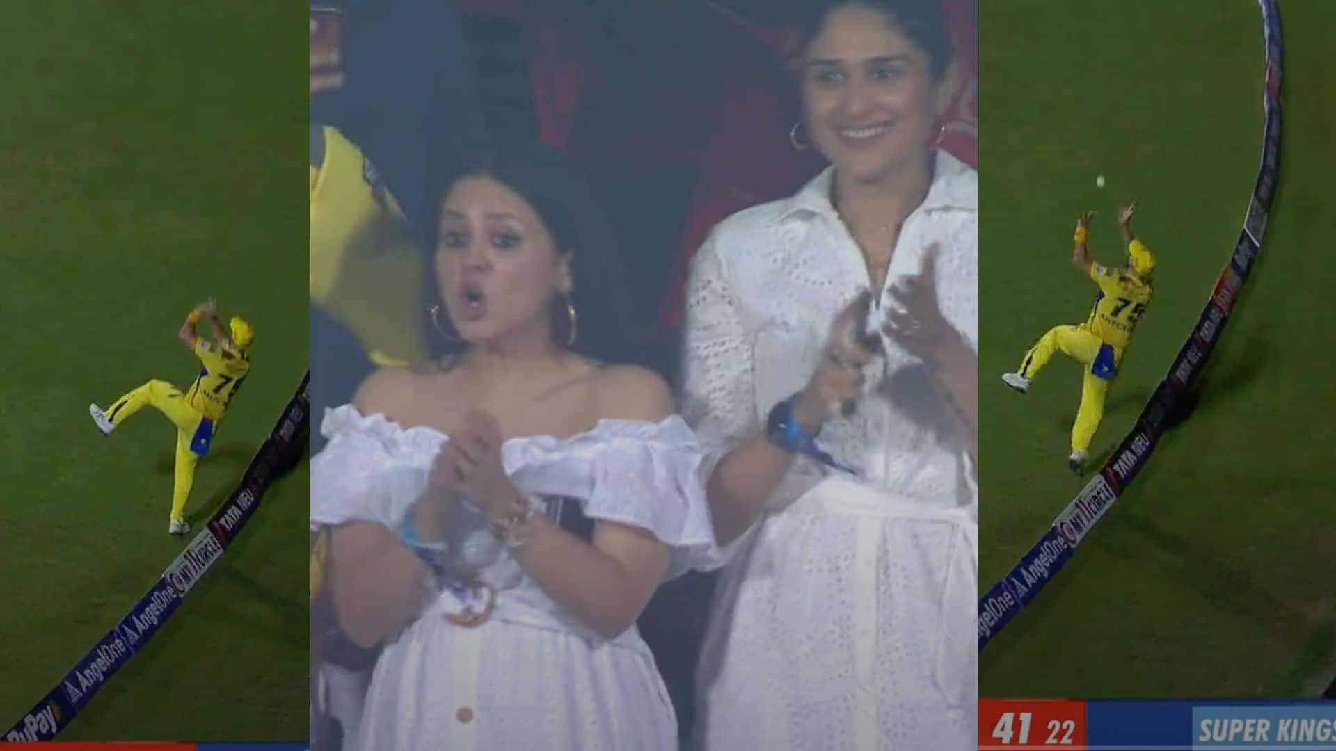 Sakshi Dhoni's reaction on Mitchell's catch [X.com]